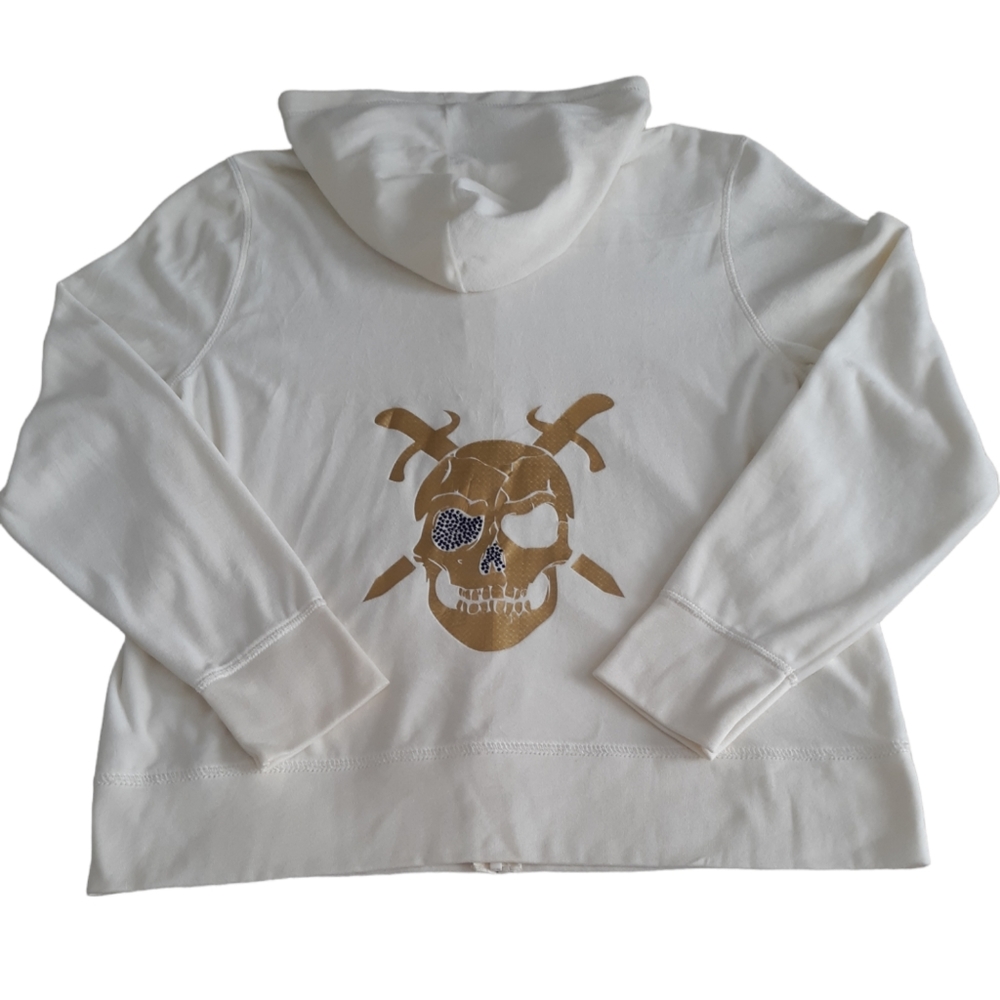 Old Navy Intimates XL Cream Beige Blue Rhinestone Pirate Graphic Full Zip Hoodie